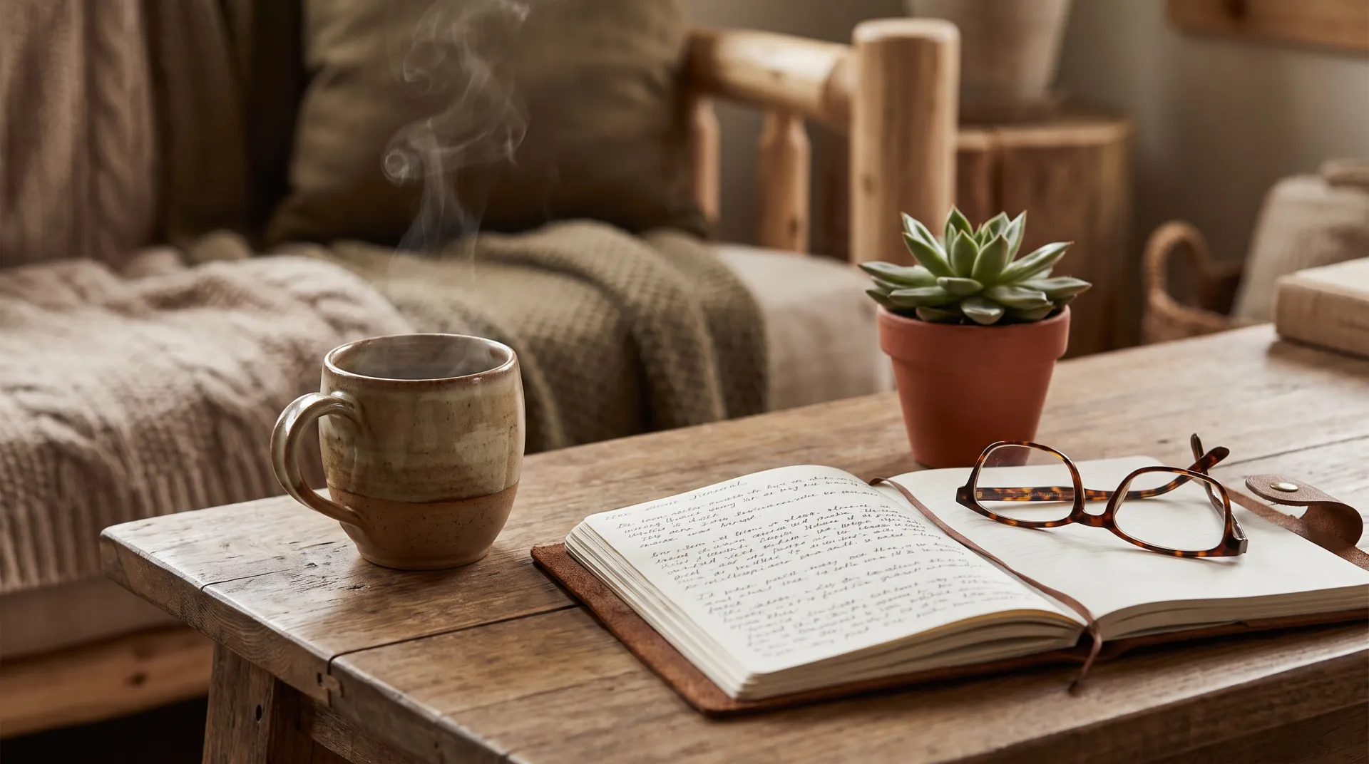 Coffee beans, grounds, and a freshly brewed pour-over on a desk