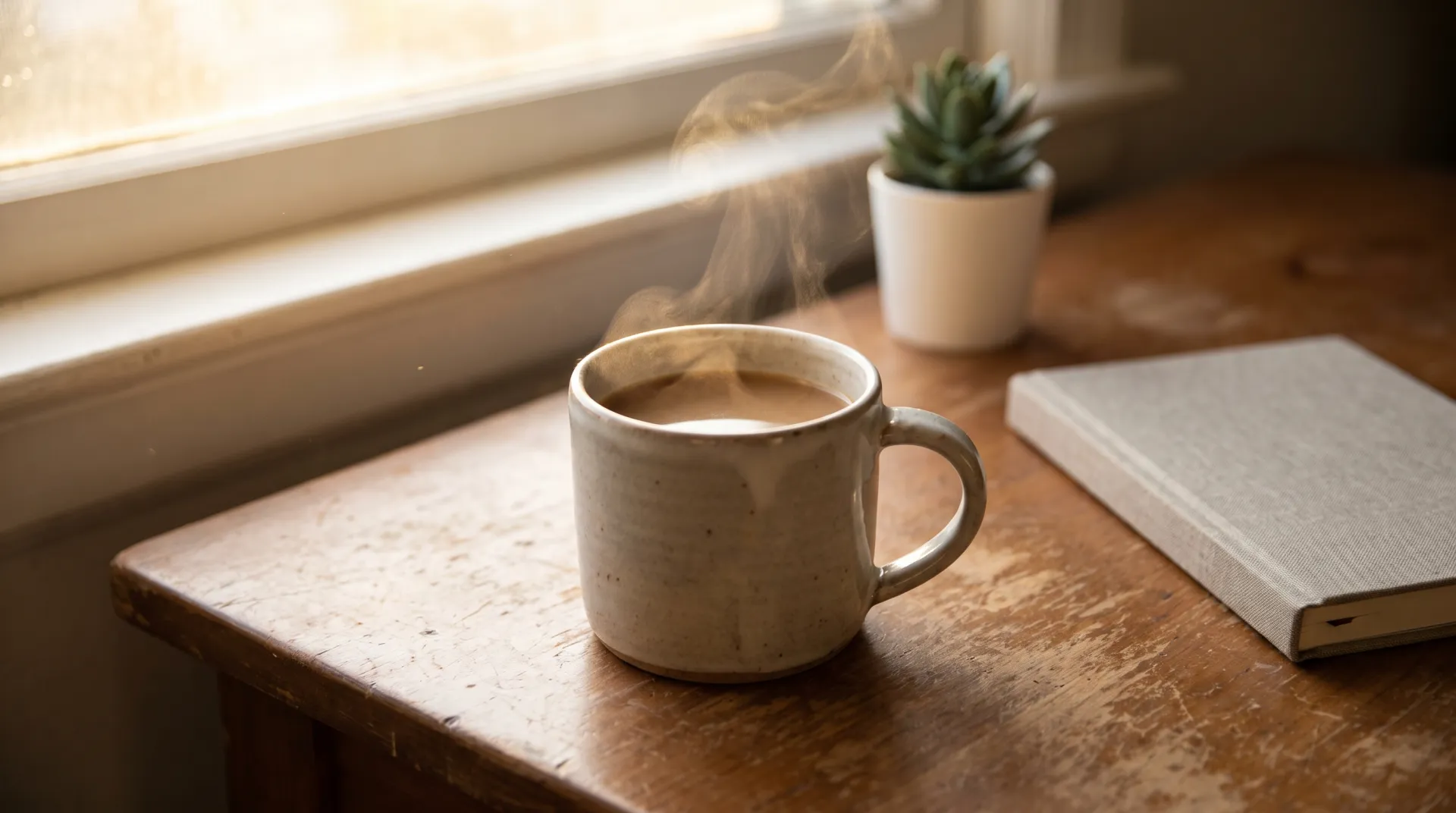 A steaming mug of coffee on a desk beside a mug warmer