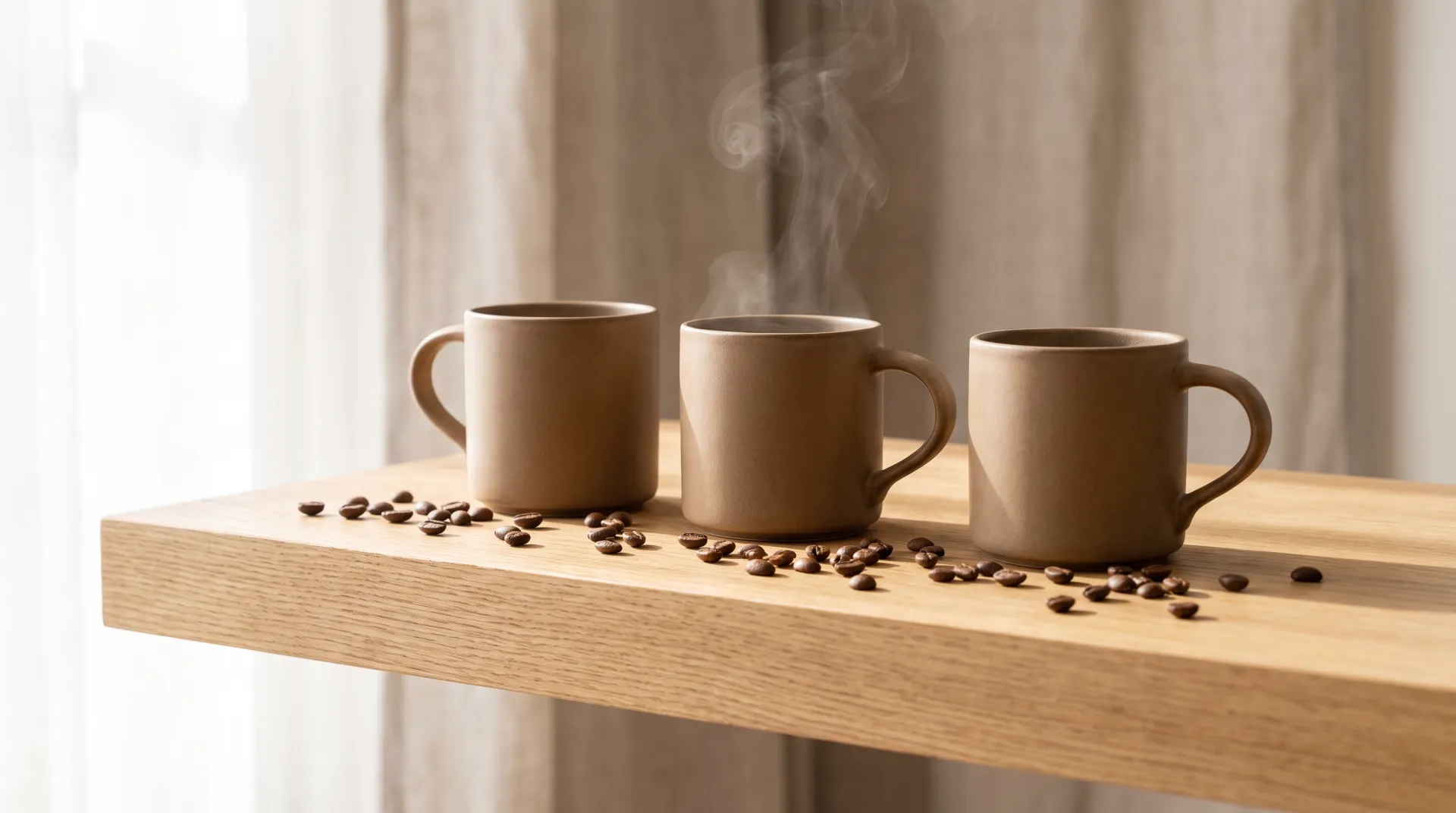 A row of coffee mug warmers and mugs lined up on a desk for review